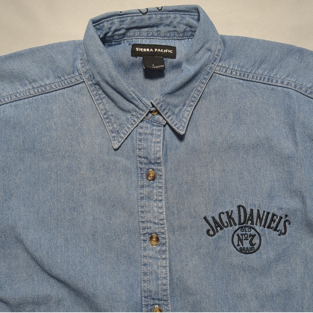 Jack Daniels Old No 7 Logo Demin Shirt Men Large Blue Long Sleeve Button VTG Y2K